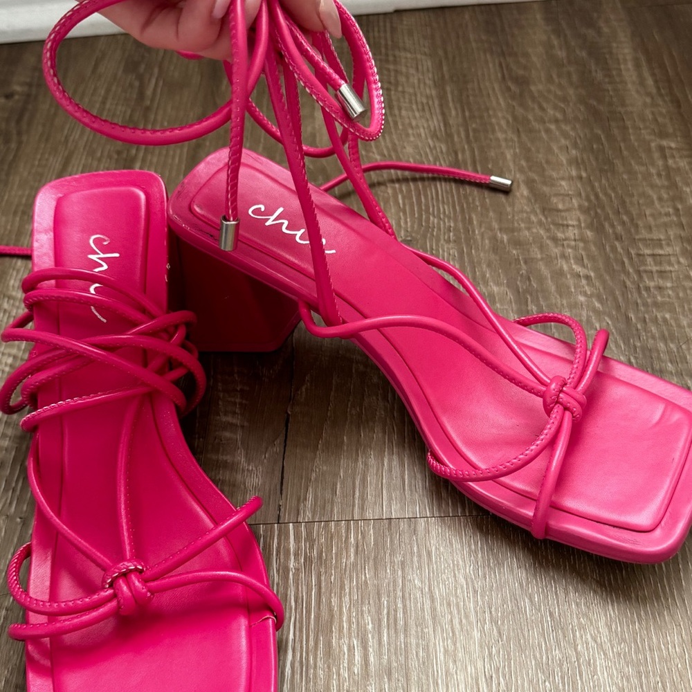 Vibrant Pink Strappy Heels with Square-Toe Design